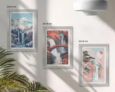 Waterfalls and mountains with a bridge and flowering trees framed triptych