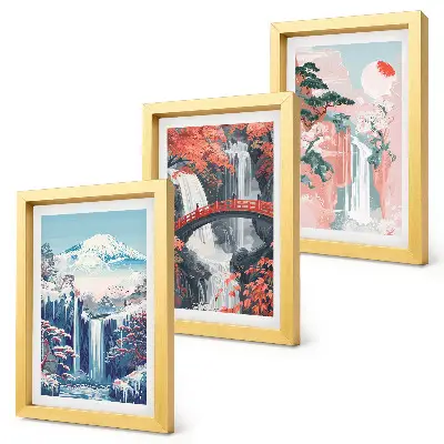 Waterfalls and mountains with a bridge and flowering trees framed triptych