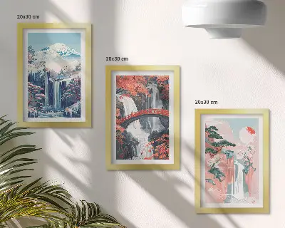Waterfalls and mountains with a bridge and flowering trees framed triptych