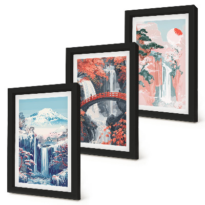 Framed triptych Waterfalls mountains with a bridge and flowering trees