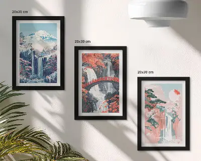Waterfalls and mountains with a bridge and flowering trees framed triptych