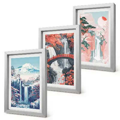 Waterfalls and mountains with a bridge and flowering trees framed triptych