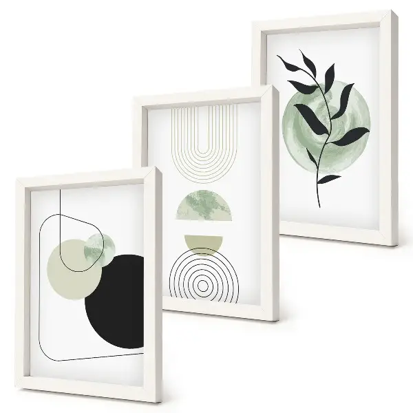 Photo frame wall gallery with abstract shapes and green plant motifs