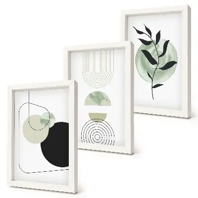Photo frame wall gallery with abstract shapes and green plant motifs