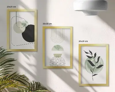 Photo frame wall gallery with abstract shapes and green plant motifs