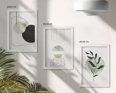 Photo frame wall gallery with abstract shapes and green plant motifs