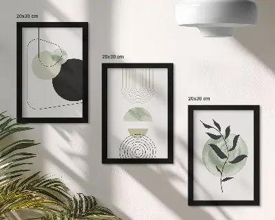 Photo frame wall gallery with abstract shapes and green plant motifs