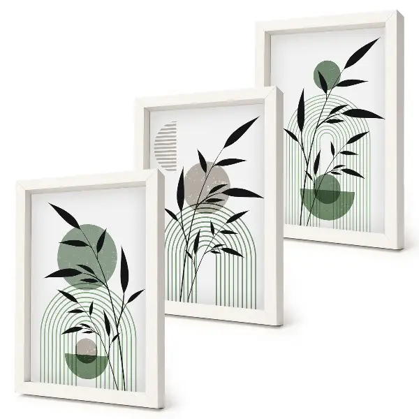 Abstract plant compositions boho style framed triptych
