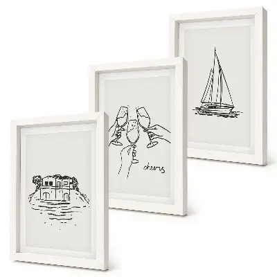 Photo frame wall views of the house by the water, toast with glasses, and a sailboat
