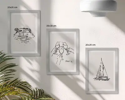 Photo frame wall views of the house by the water, toast with glasses, and a sailboat