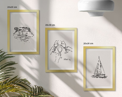 Photo frame wall Views of the house by the water, toast with glasses, sailboat