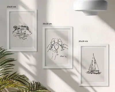 Photo frame wall Views of the house by the water, toast with glasses, sailboat