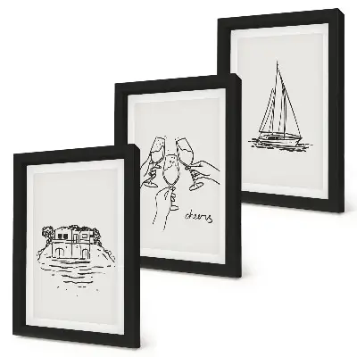 Photo frame wall views of the house by the water, toast with glasses, and a sailboat