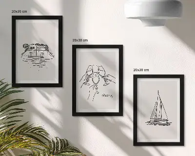 Photo frame wall views of the house by the water, toast with glasses, and a sailboat