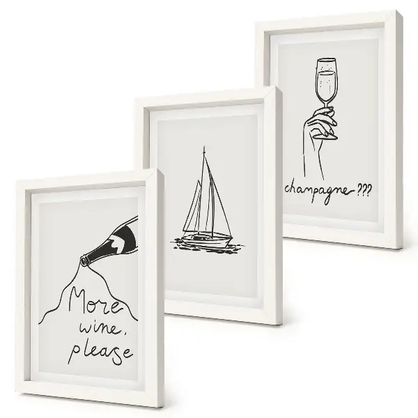 Wine Sailboat and Champagne Glass Framed Triptych linear style artwork