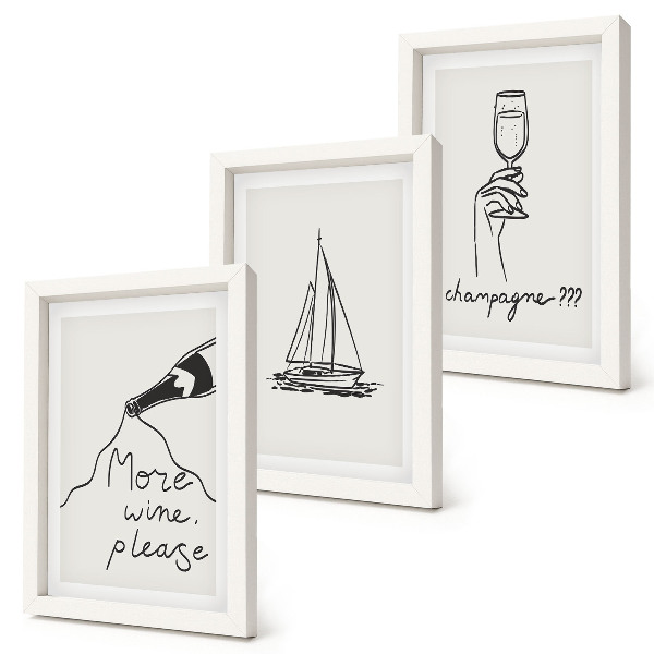 Framed triptych Wine sailboat champagne glass linear style