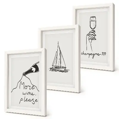 Wine Sailboat and Champagne Glass Framed Triptych linear style artwork