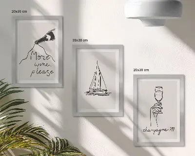 Wine Sailboat and Champagne Glass Framed Triptych linear style artwork