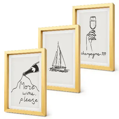Wine Sailboat and Champagne Glass Framed Triptych linear style artwork