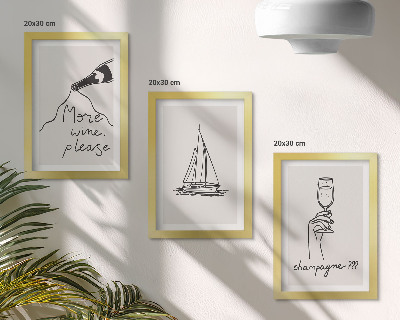 Framed triptych Wine sailboat champagne glass linear style