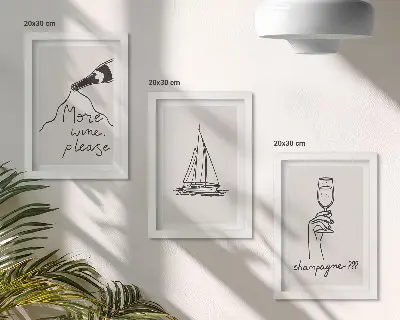 Wine Sailboat and Champagne Glass Framed Triptych linear style artwork