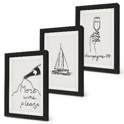 Wine Sailboat and Champagne Glass Framed Triptych linear style artwork