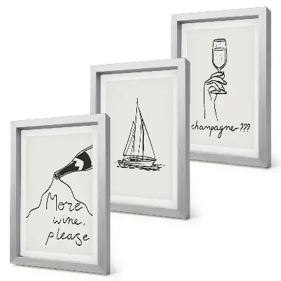 Wine Sailboat and Champagne Glass Framed Triptych linear style artwork