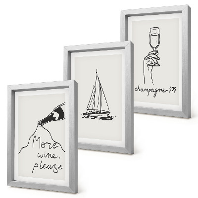 Framed triptych Wine sailboat champagne glass linear style
