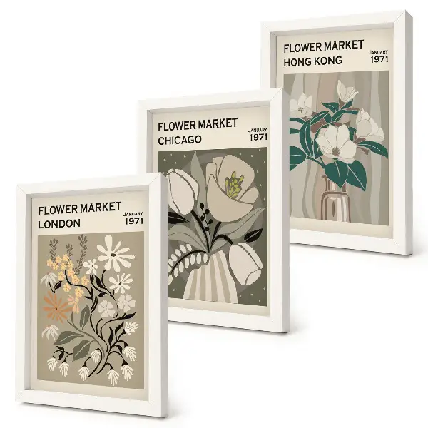 3-piece wall art set featuring flower markets in London, Chicago, and Hong Kong