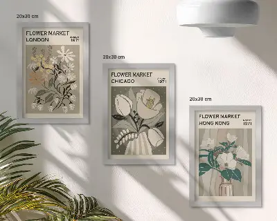 3-piece wall art set featuring flower markets in London, Chicago, and Hong Kong