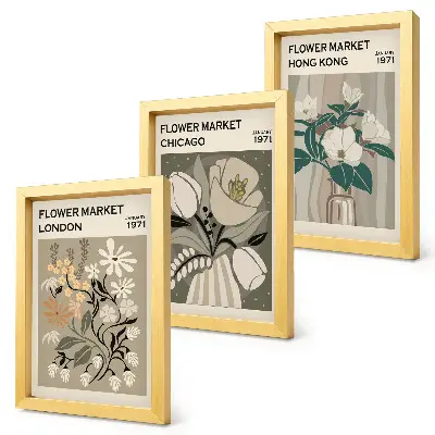 3-piece wall art set featuring flower markets in London, Chicago, and Hong Kong