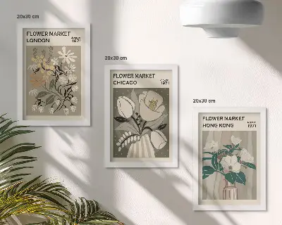 3-piece wall art set featuring flower markets in London, Chicago, and Hong Kong