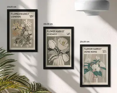 3-piece wall art set featuring flower markets in London, Chicago, and Hong Kong