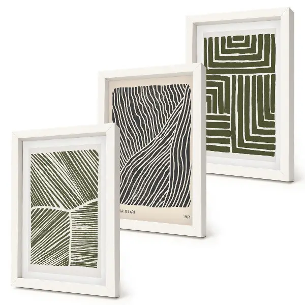 3-piece wall art set with patterns of lines and shapes in shades of green