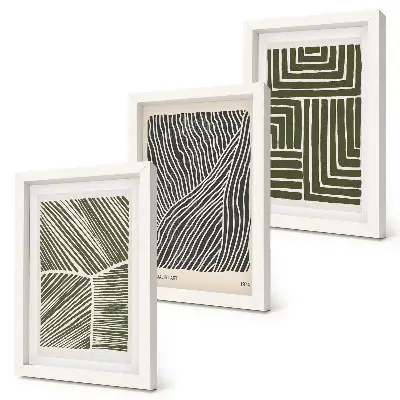 3-piece wall art set with patterns of lines and shapes in shades of green