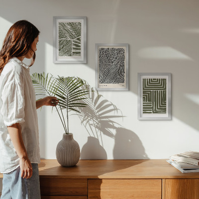 3-piece wall art set Patterns of lines and shapes in shades of green