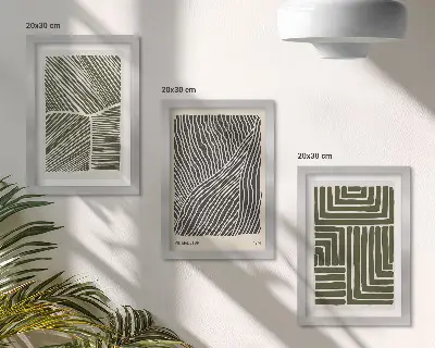 3-piece wall art set with patterns of lines and shapes in shades of green