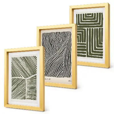 3-piece wall art set with patterns of lines and shapes in shades of green