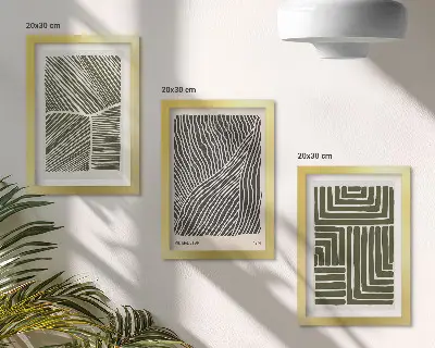 3-piece wall art set with patterns of lines and shapes in shades of green