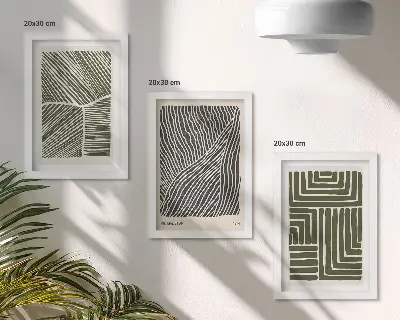 3-piece wall art set with patterns of lines and shapes in shades of green