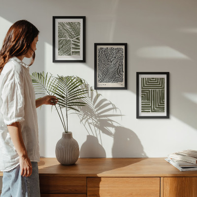 3-piece wall art set Patterns of lines and shapes in shades of green