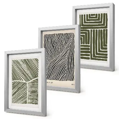 3-piece wall art set with patterns of lines and shapes in shades of green