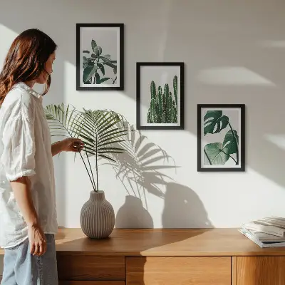 Tropical houseplants aesthetic leaves triptych framed wall art set