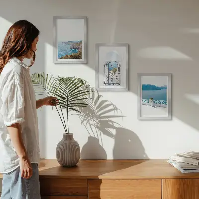 Photo frame wall gallery set sea view with Greek architecture print