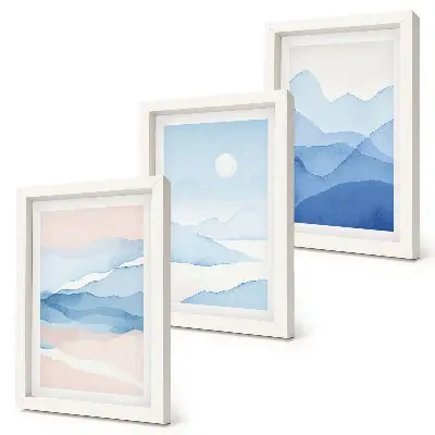 3-piece watercolor mountain landscape wall art set in blue and pink