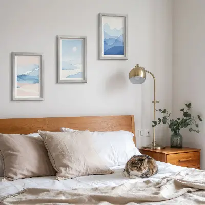 3-piece watercolor mountain landscape wall art set in blue and pink