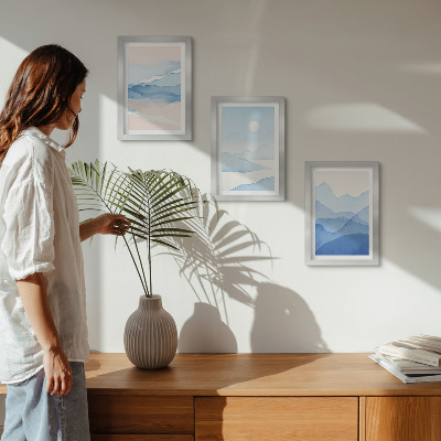 3-piece wall art set Blue and pink mountain landscapes in watercolor