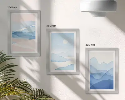 3-piece watercolor mountain landscape wall art set in blue and pink