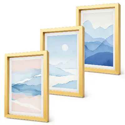 3-piece watercolor mountain landscape wall art set in blue and pink