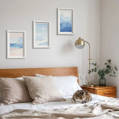3-piece watercolor mountain landscape wall art set in blue and pink